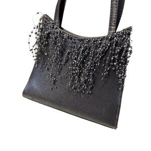 Vintage Black Satin Evening Bag Cascading Beaded Pearl Detail Double Handle Form